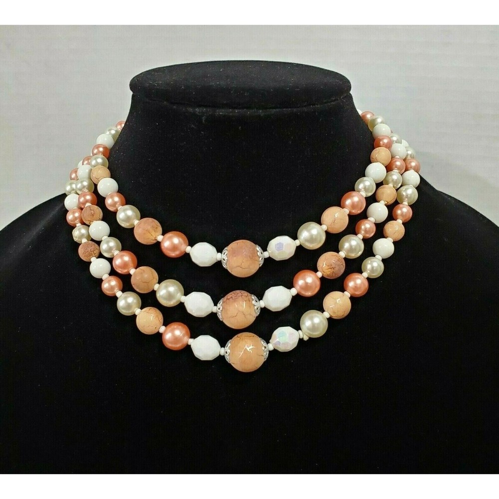 Triple Strand Pink White Beaded Statement Necklace Fashion Costume Bib